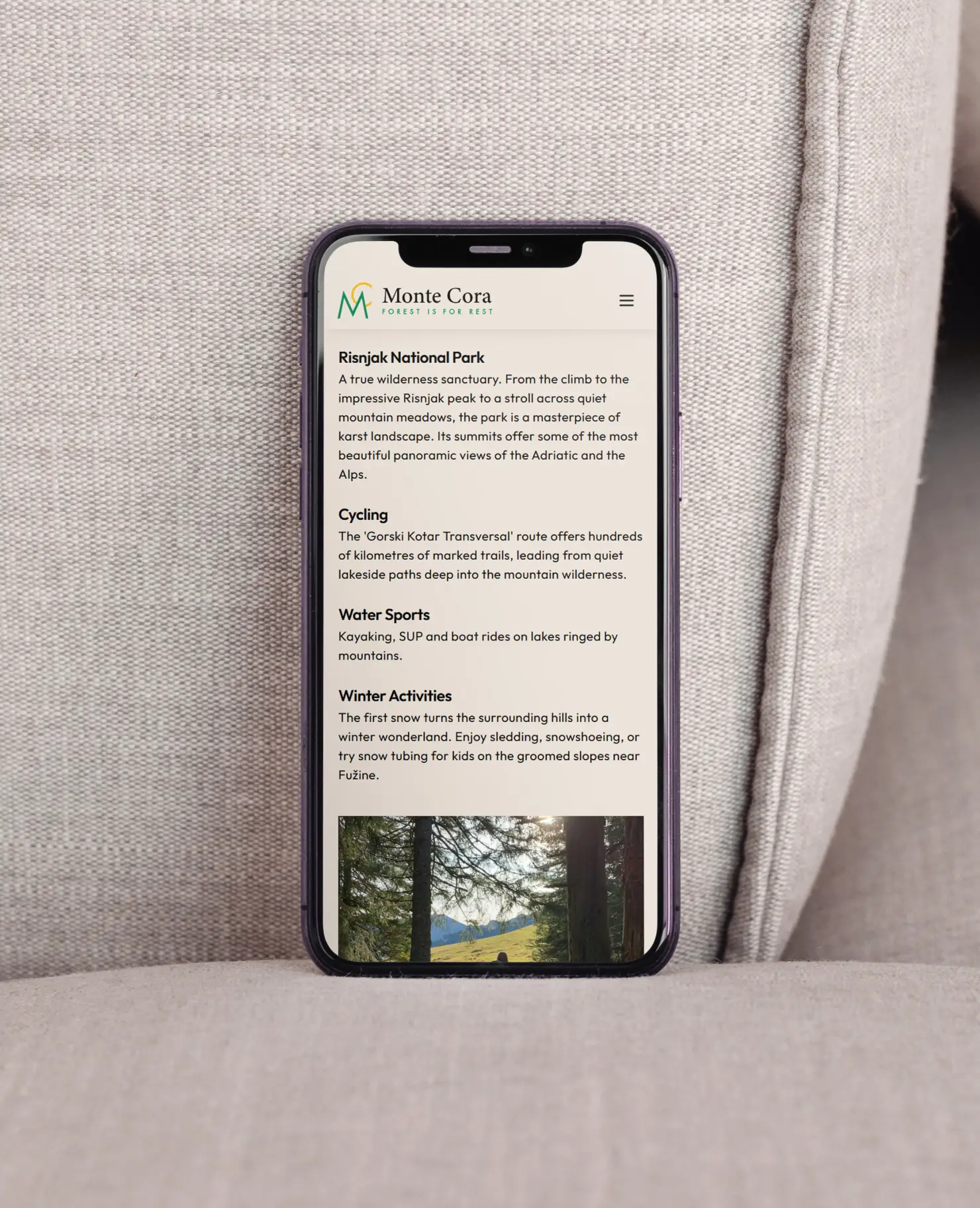 The Monte Cora website on mobile