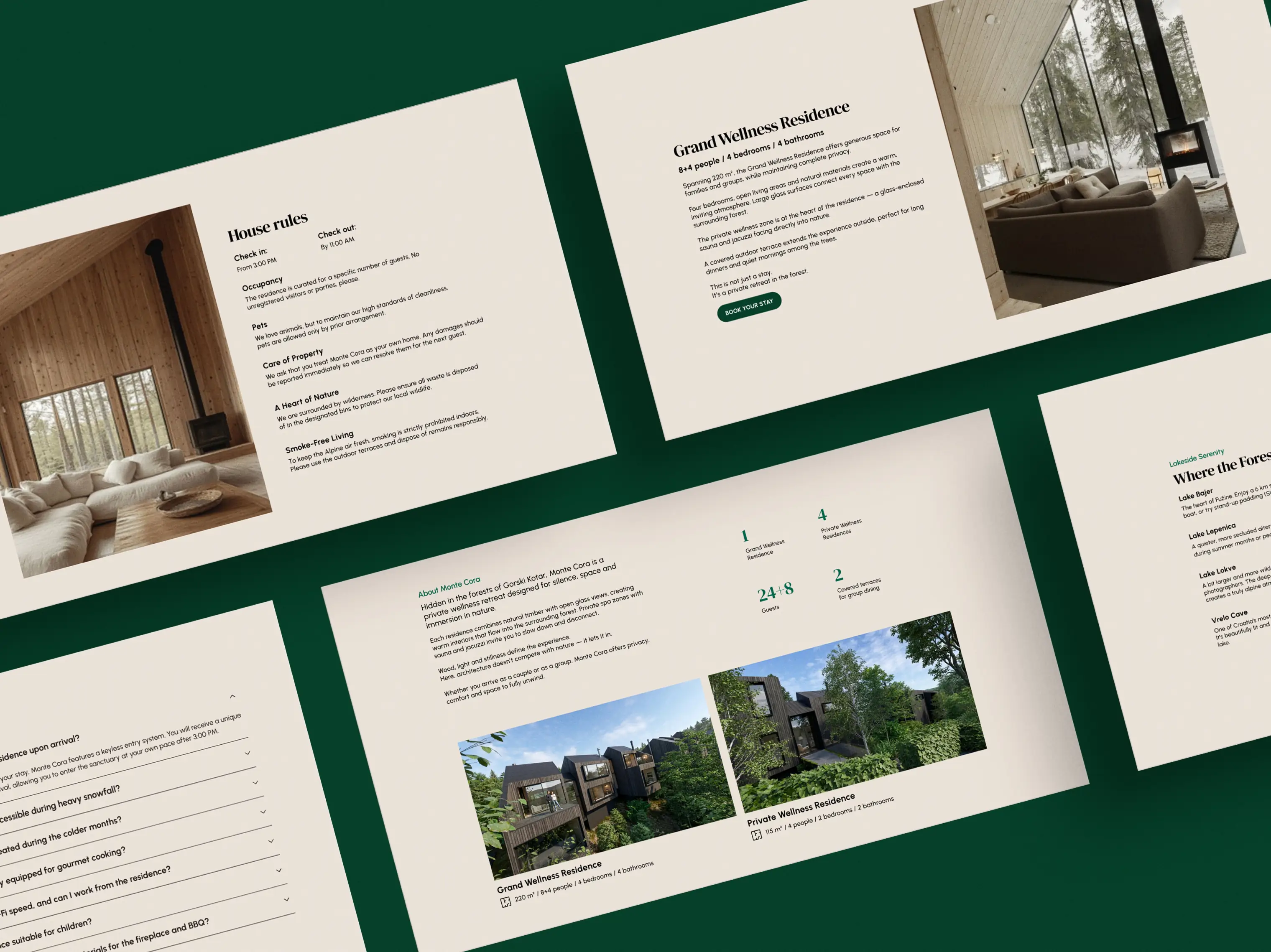 Monte Cora website pages — house rules, residences and the story of the retreat