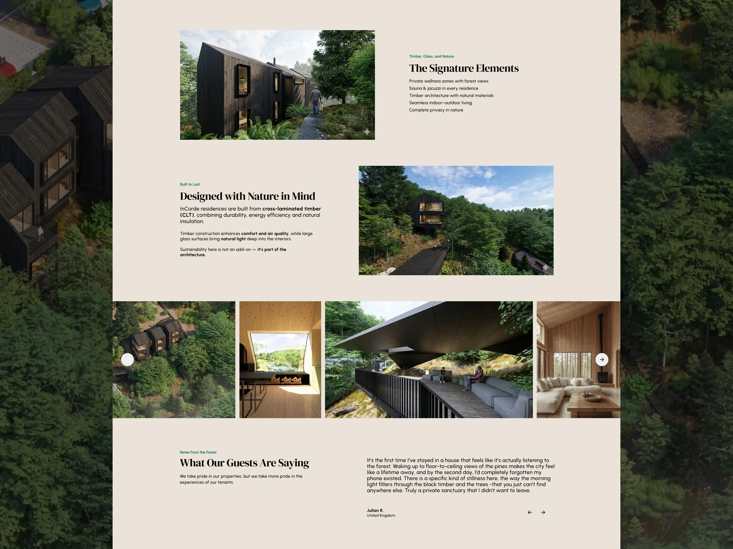 Monte Cora website sections — signature elements, residences and guest testimonials