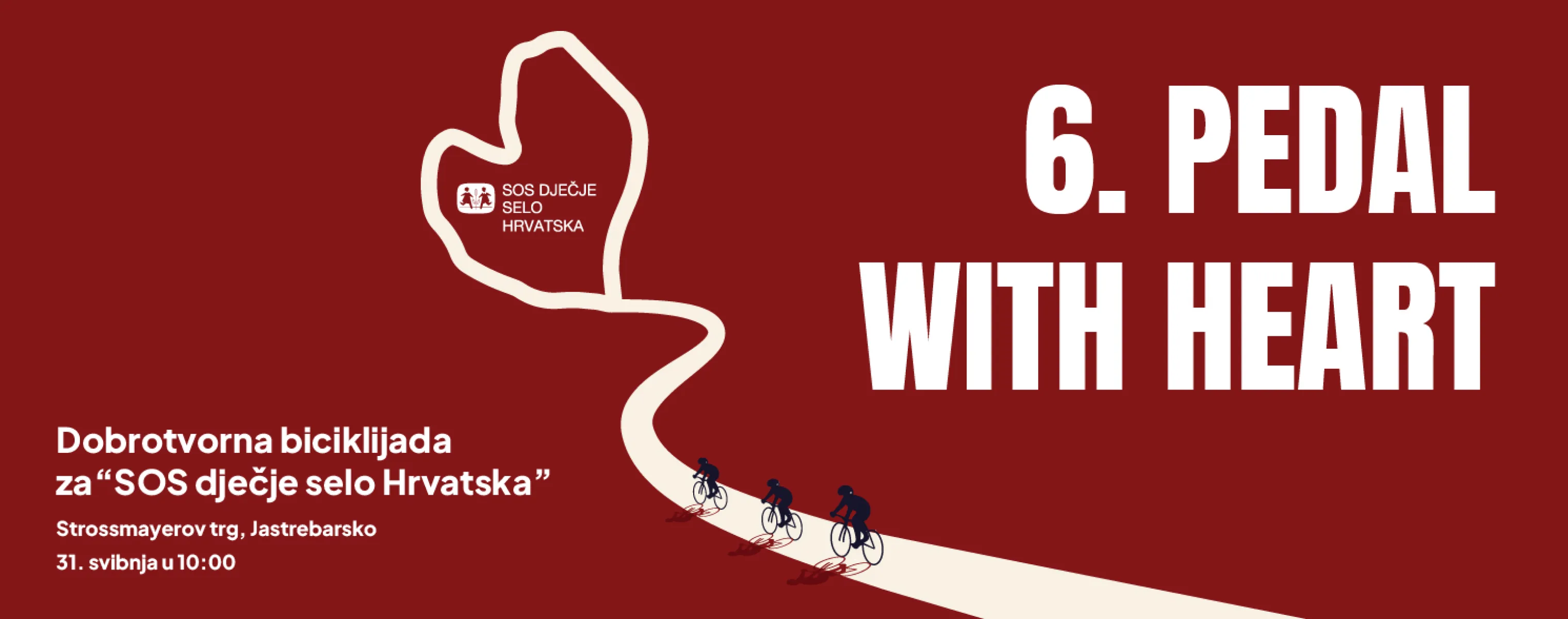 Pedal with Heart glavni vizual — srcolika ruta s tri biciklista na horizontu