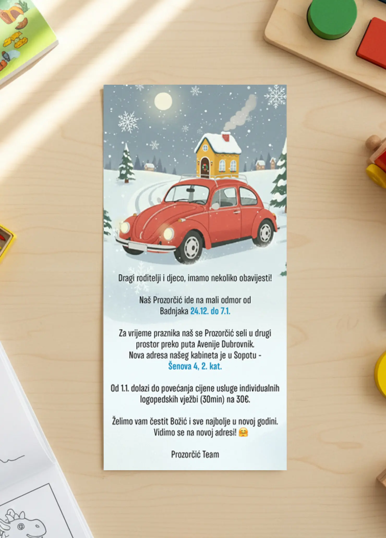 Prozorčić flyer announcing the holiday break and the move to the new practice address