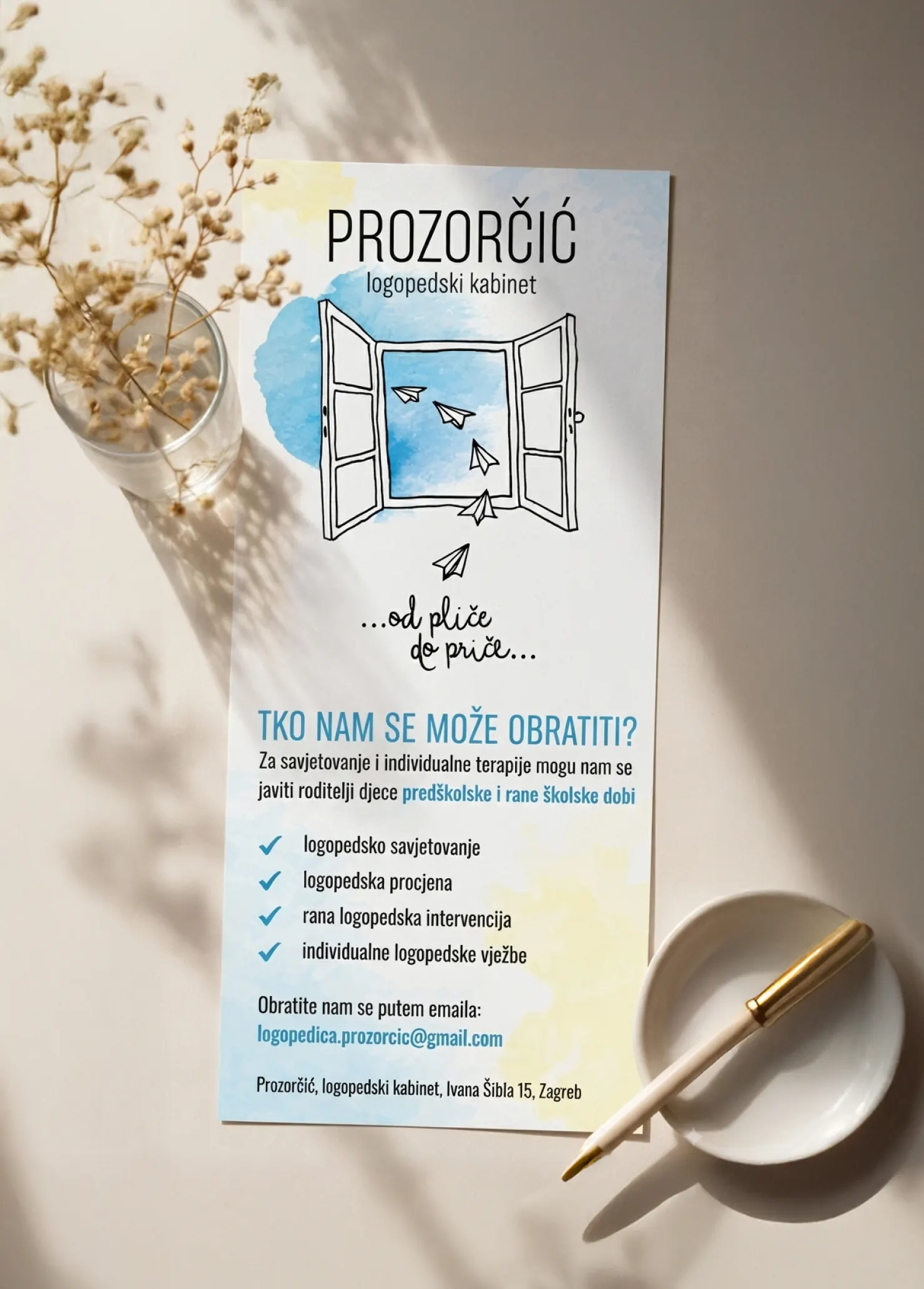 Prozorčić services flyer — who can get in touch, and the four kinds of speech therapy support on offer