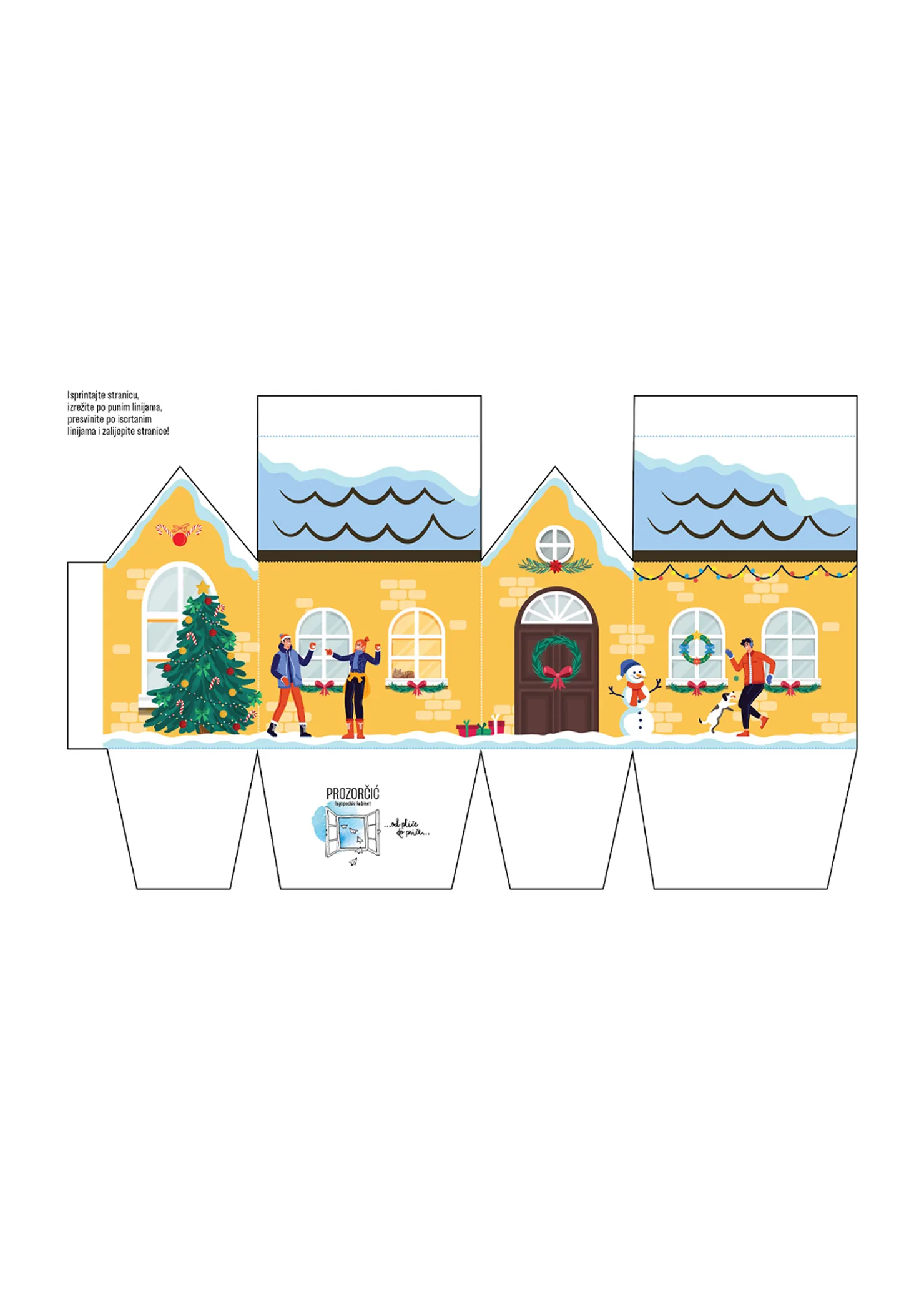 The printable gift box template, with the winter scene running across all four sides and the four assembly steps