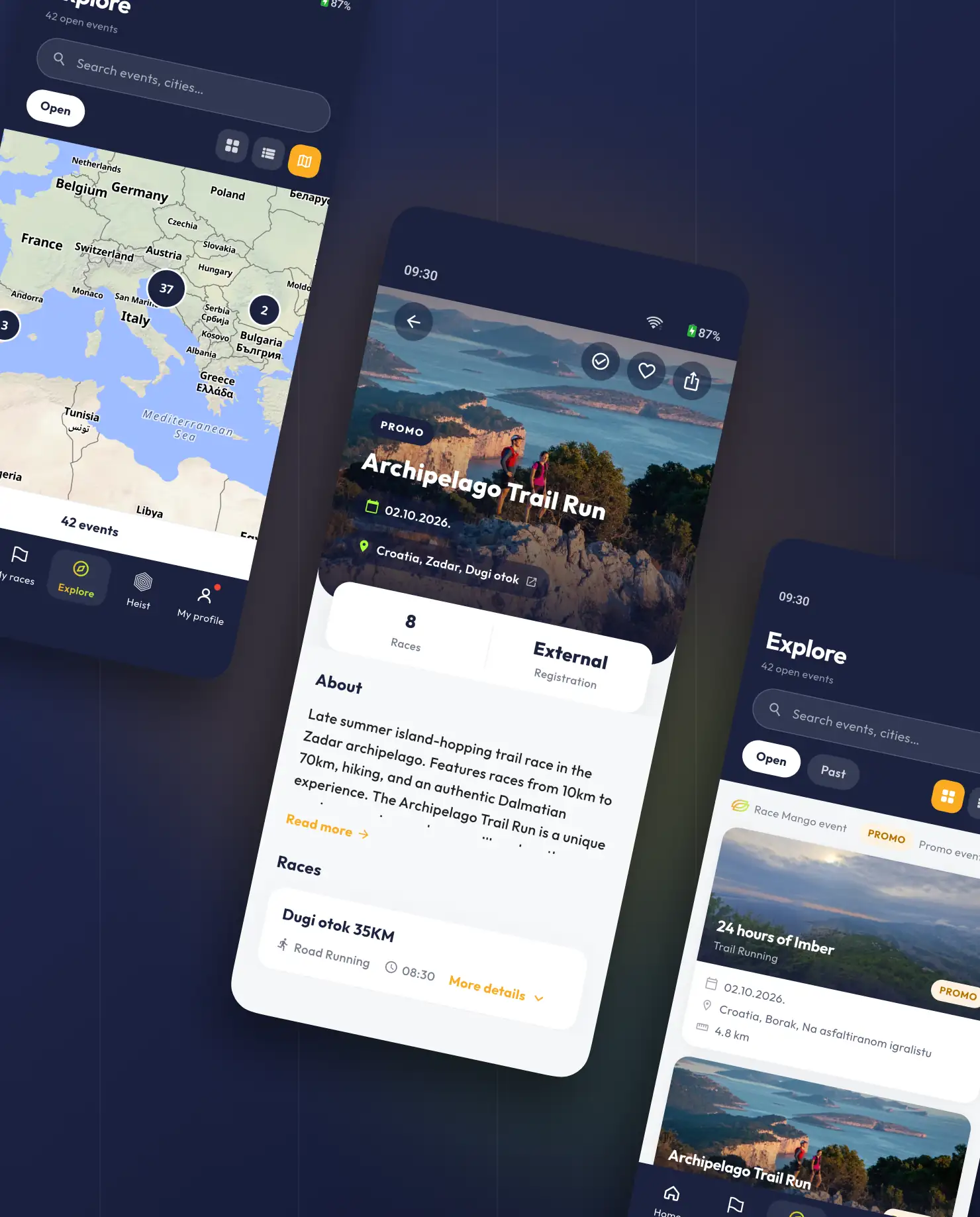 Explore screens: race map, race details and search