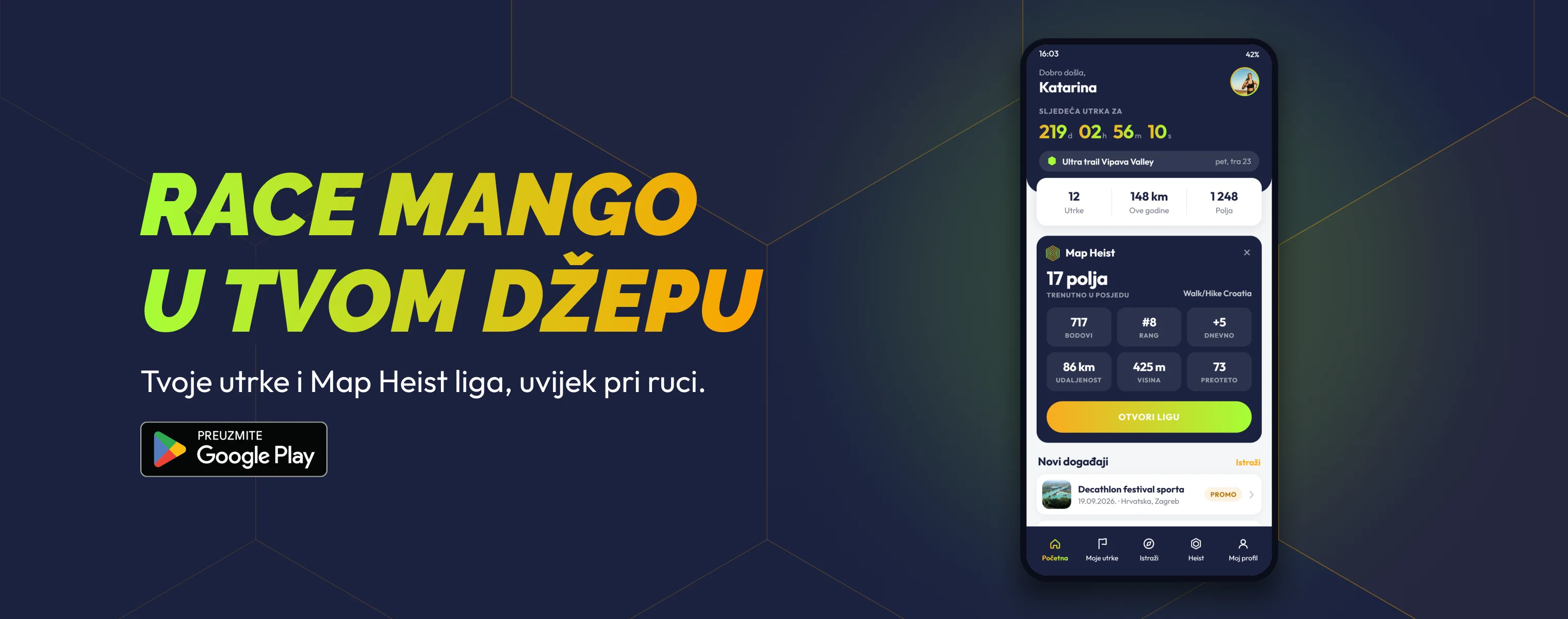 Race Mango app home screen with the Map Heist summary