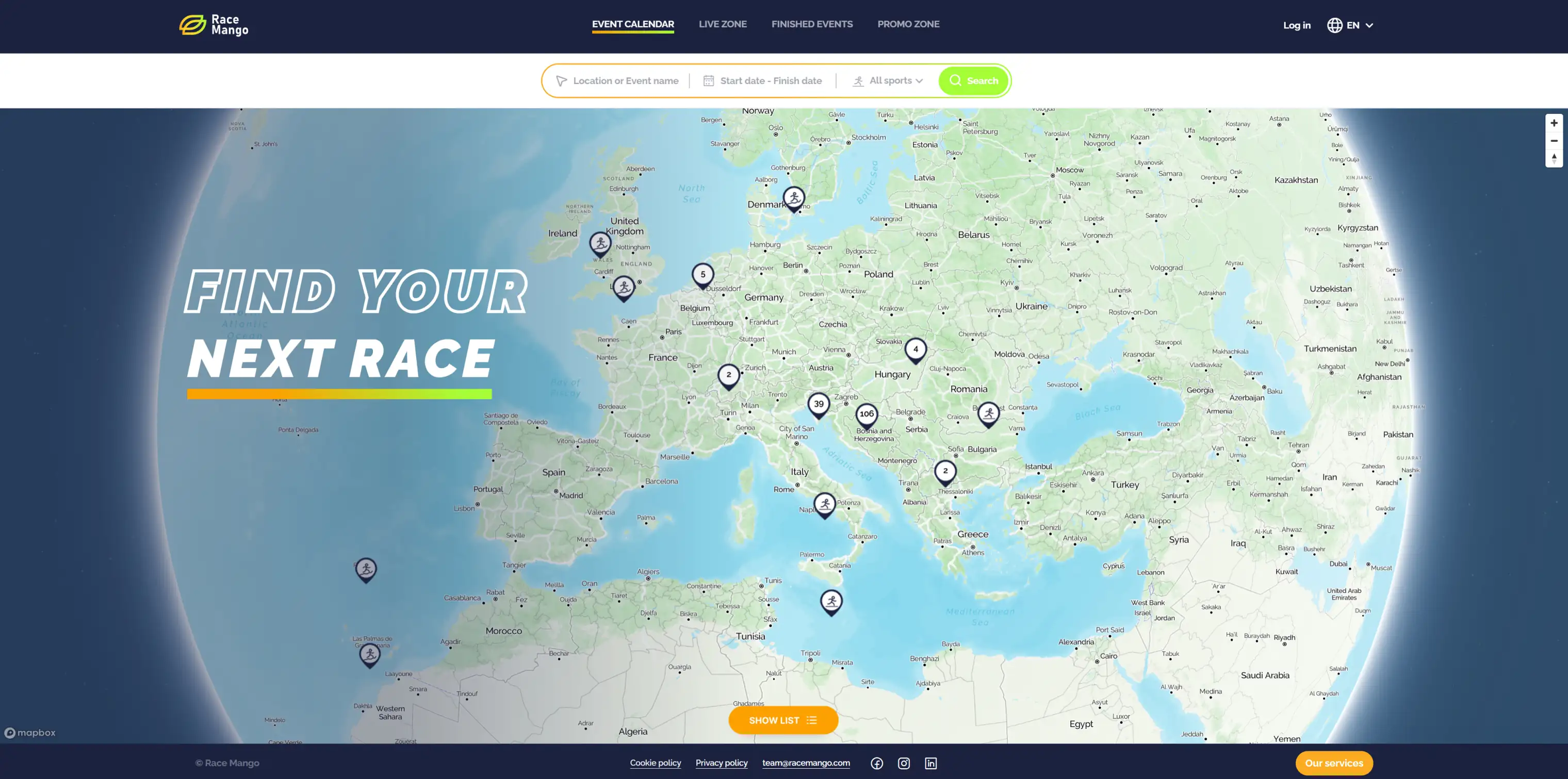 Race Mango kalendar događanja — pretraga utrka na karti Europe uz slogan Find your next race