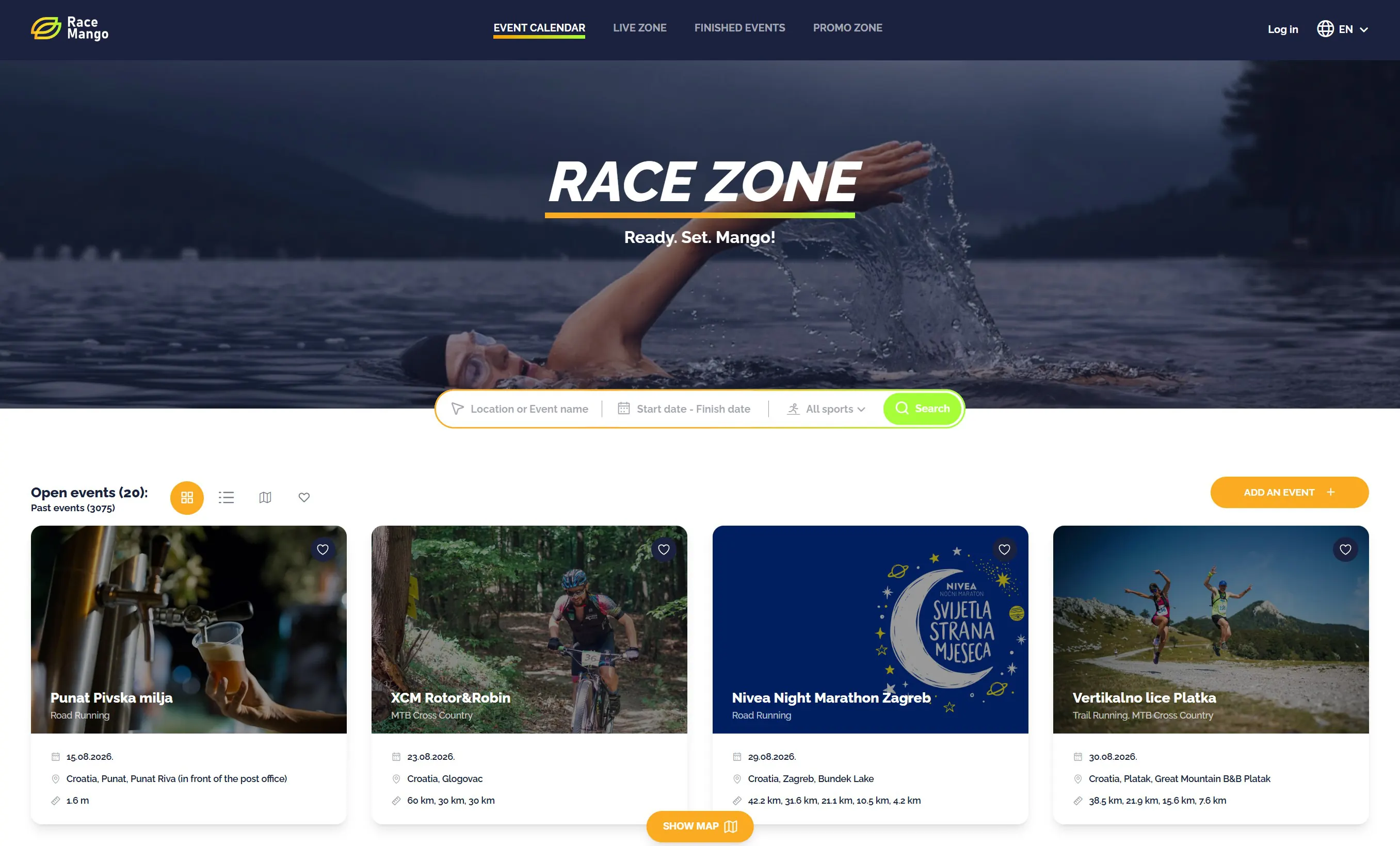 Race Mango platforma — Race Zone naslovnica i kalendar otvorenih događaja