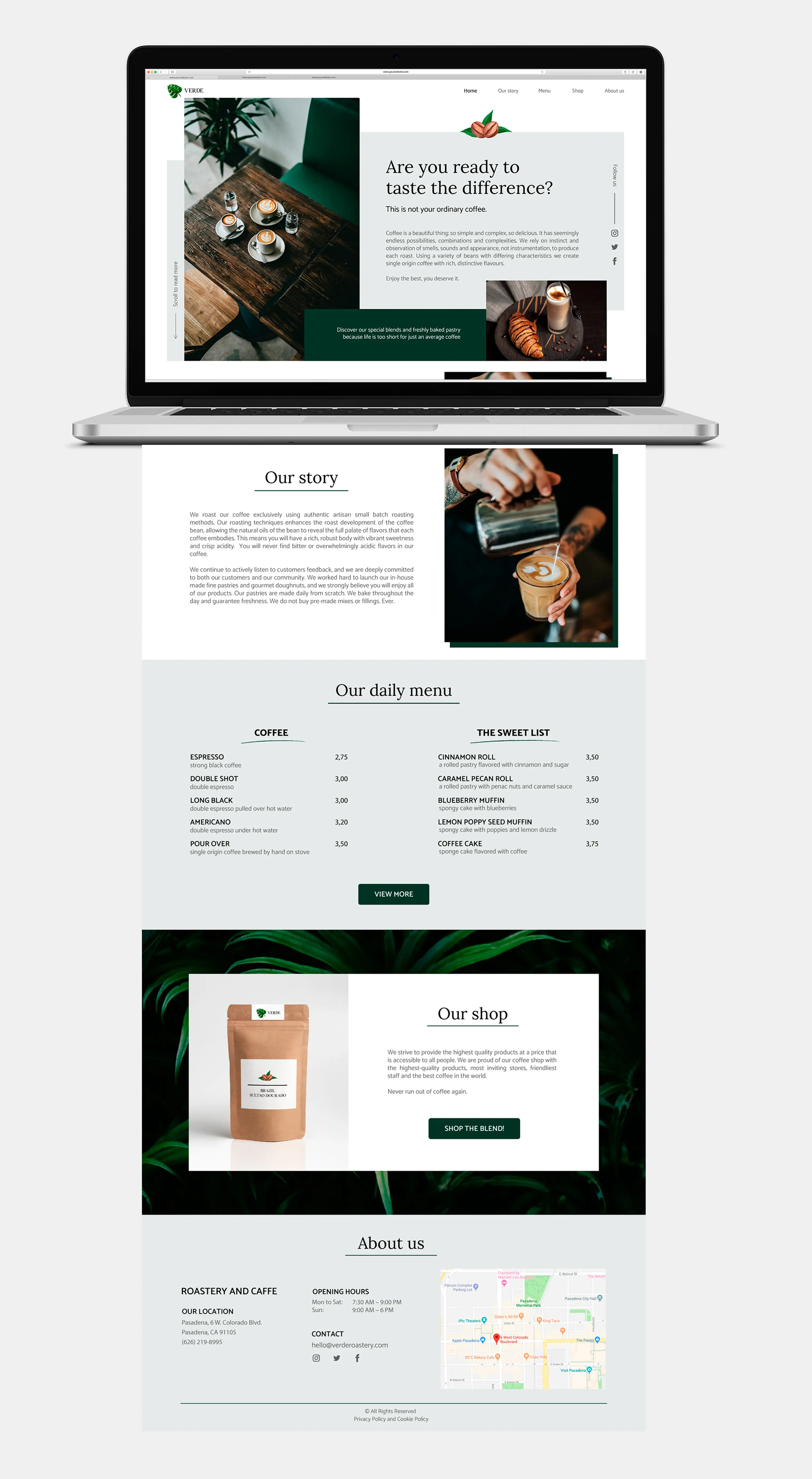 Cjelokupni dizajn Verde web-stranice — naslovnica, priča, jelovnik i internetska trgovina