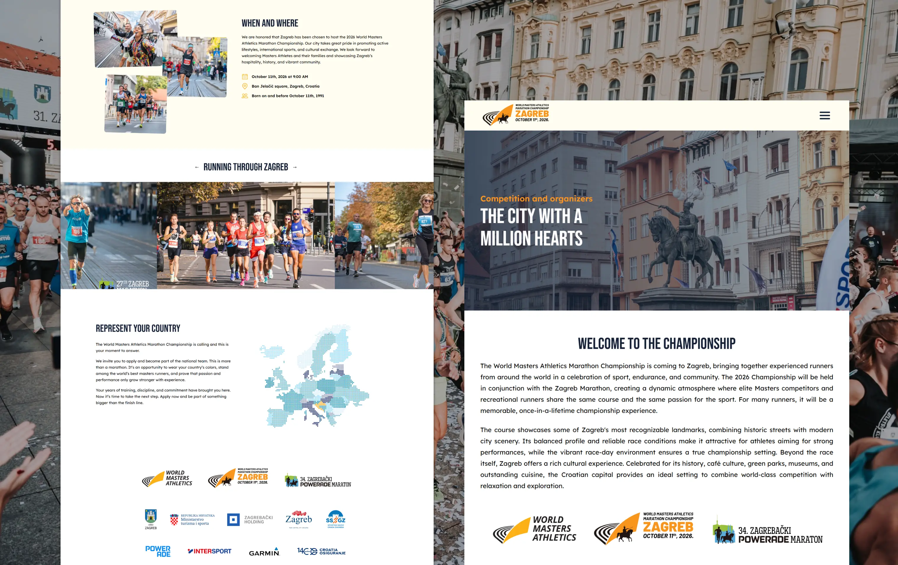 Sections of the WMAMC website — when and where, running through Zagreb, represent your country, and the city with a million hearts